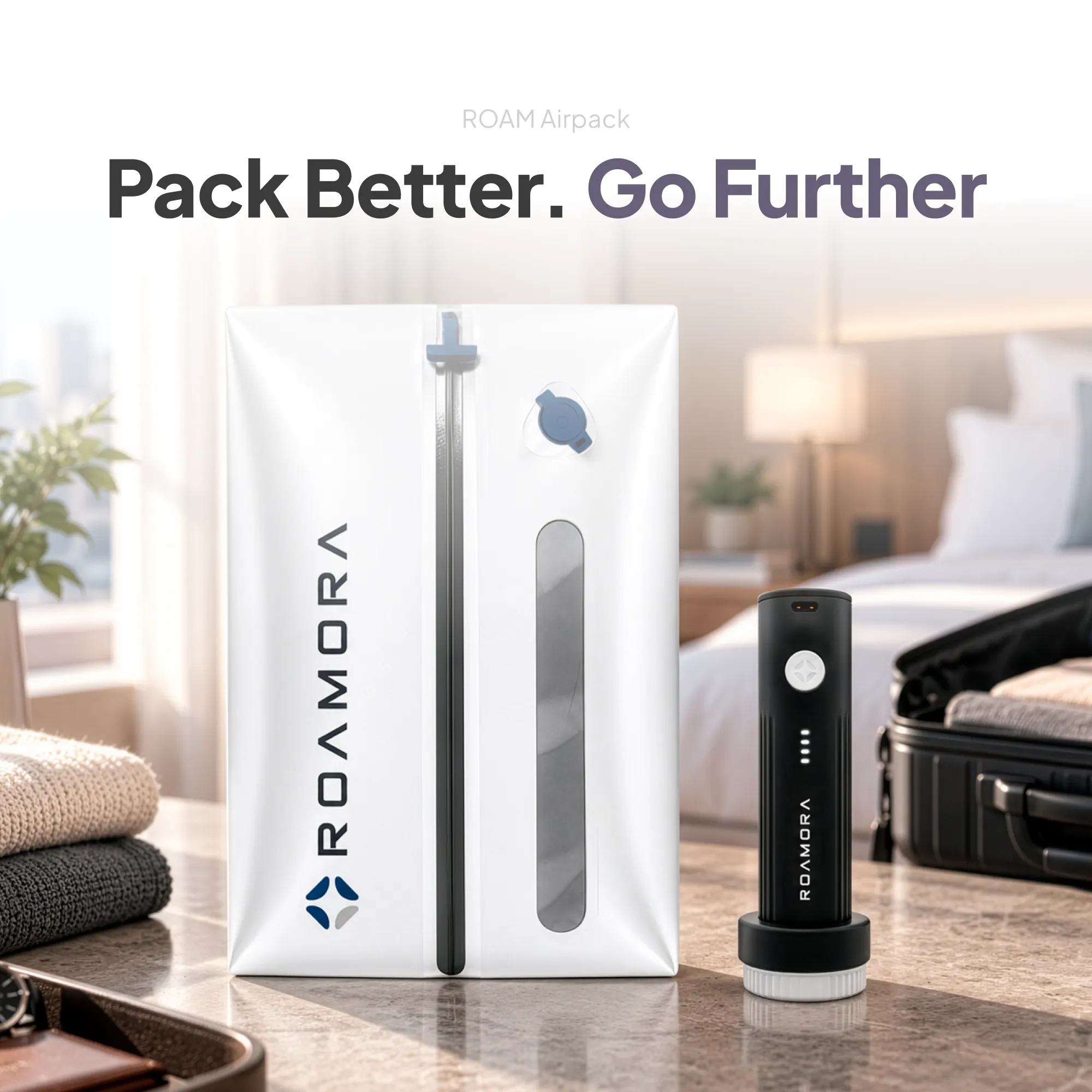 ROAMORA kit beside an open suitcase in a hotel room