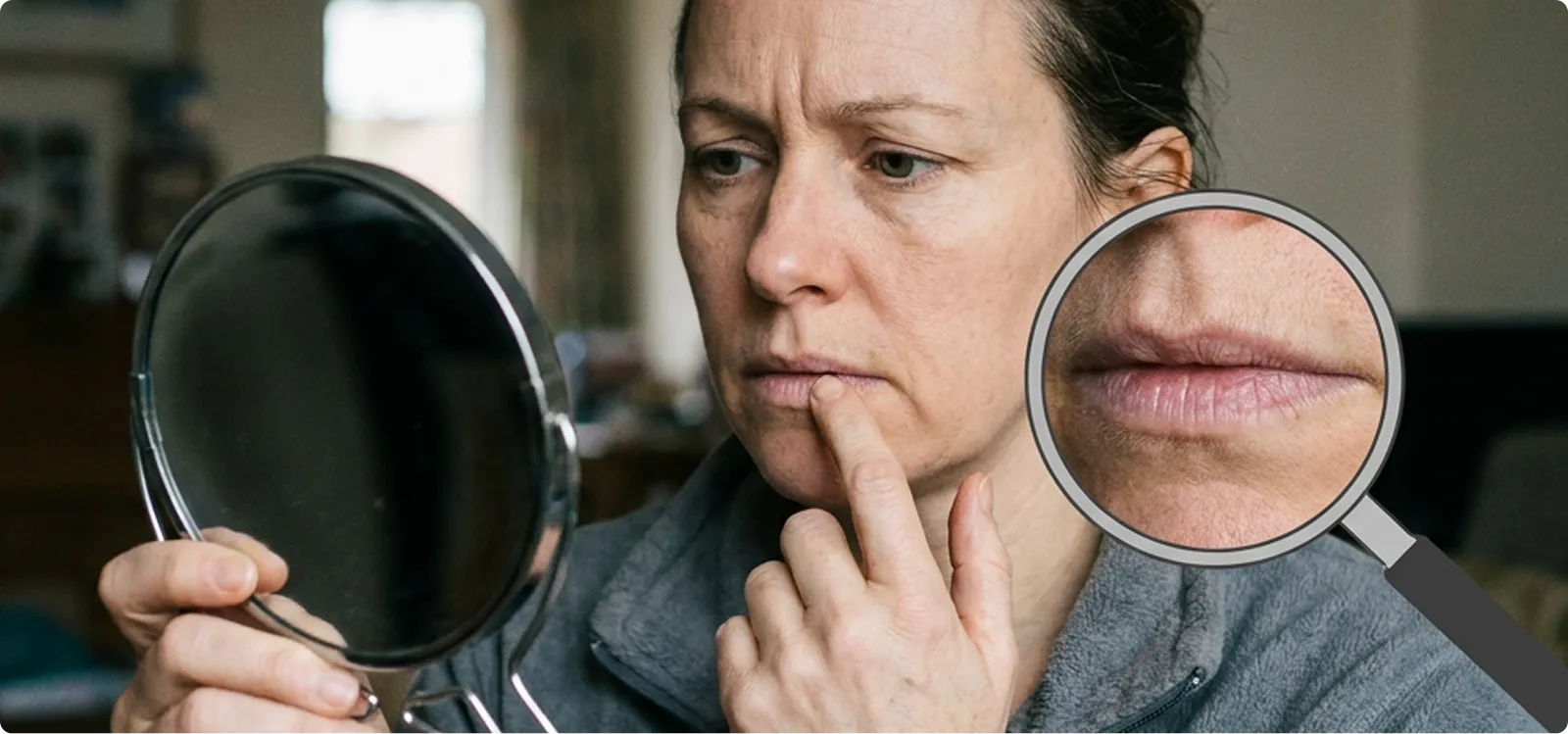 Woman looking at her lips in a mirror