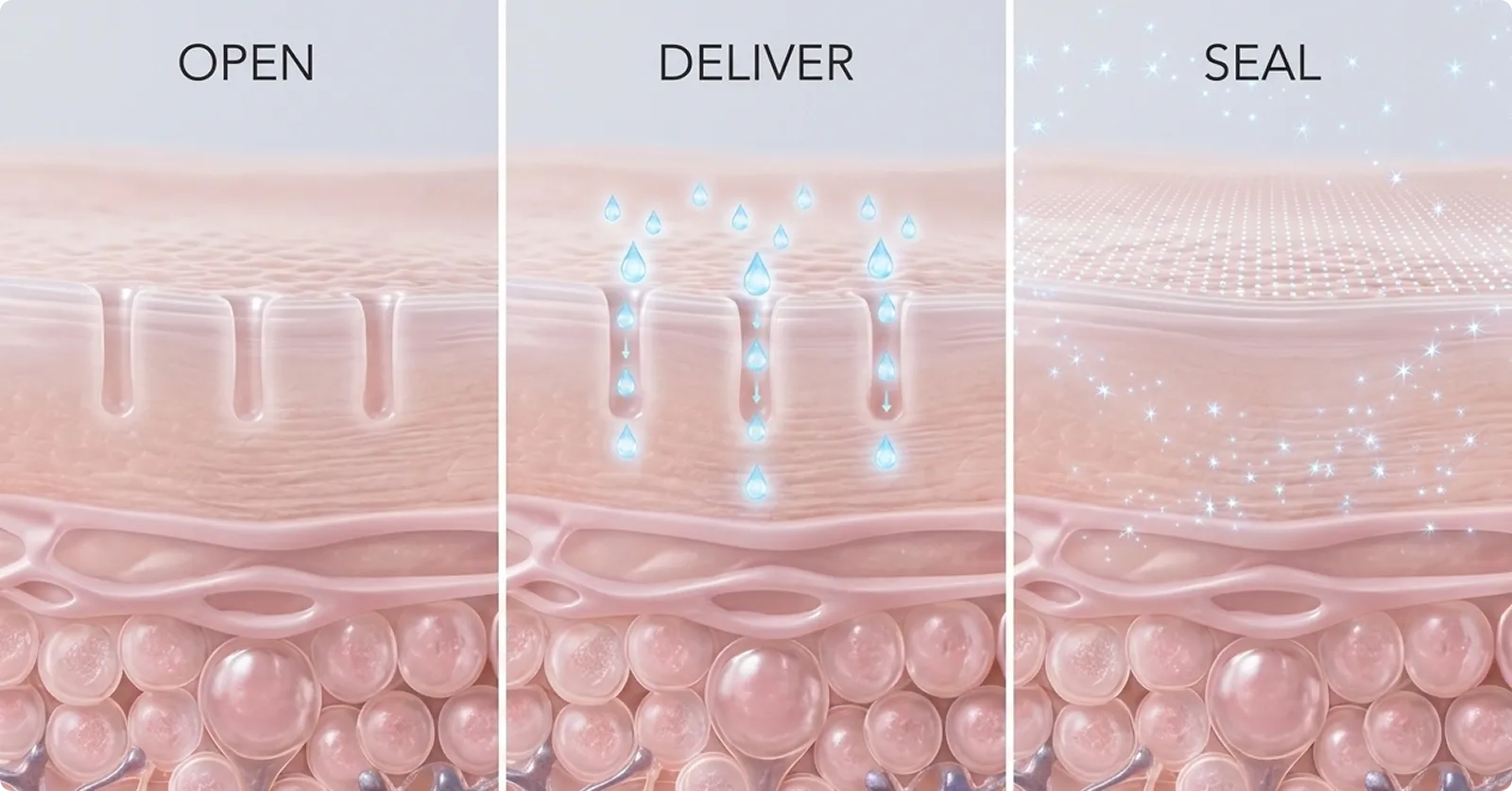 LIPSORB technology showing open, deliver and seal