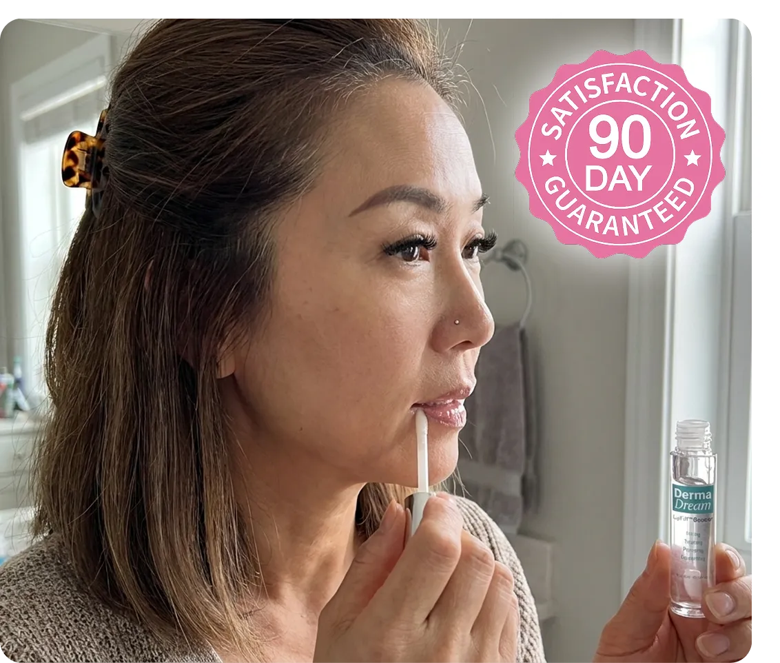 Woman applying Derma Dream LipFill Booster with 90 day satisfaction guarantee