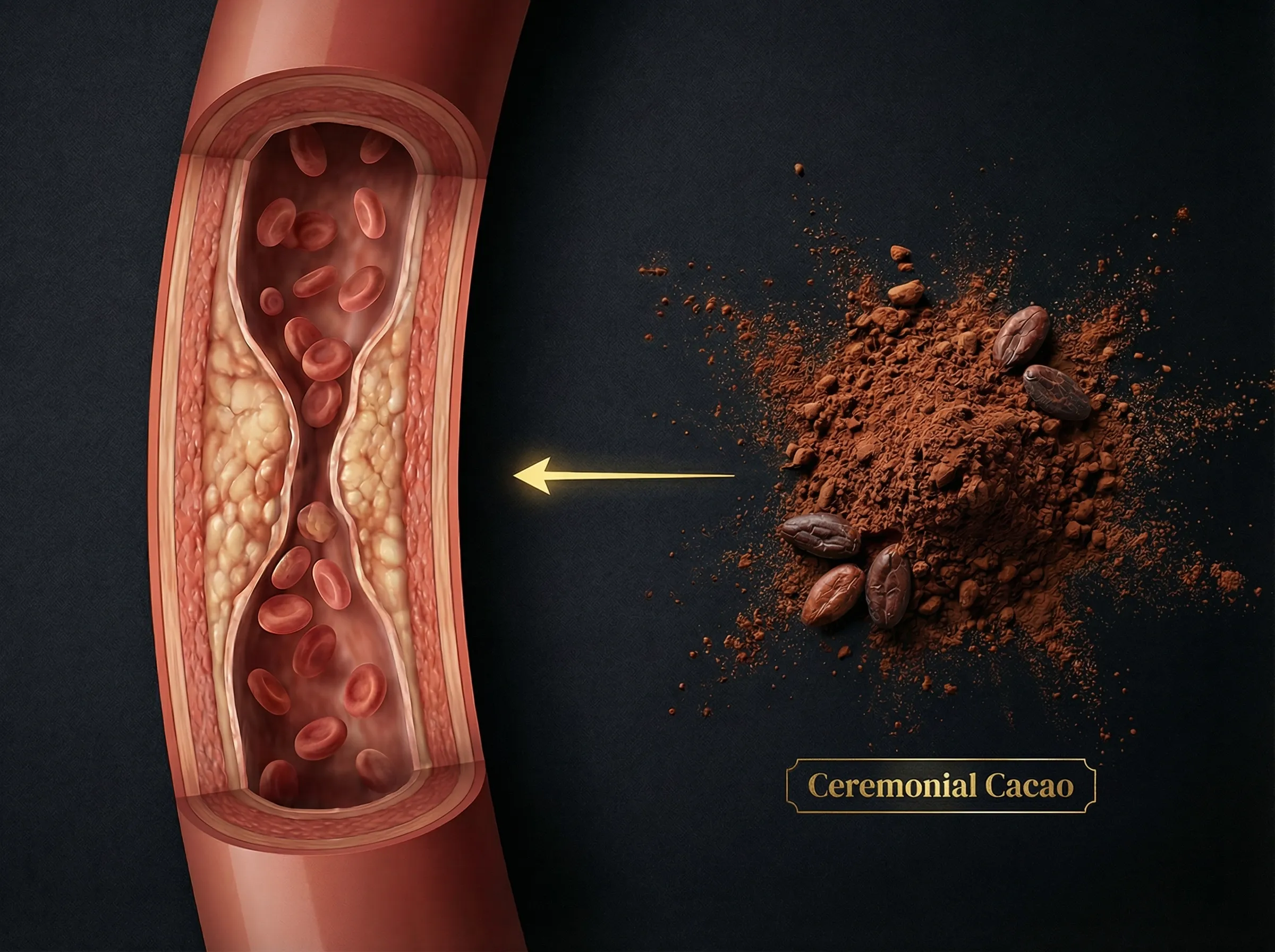 Science mechanism collage: blood pressure monitor, artery cross-section, cacao powder, epicatechin molecules