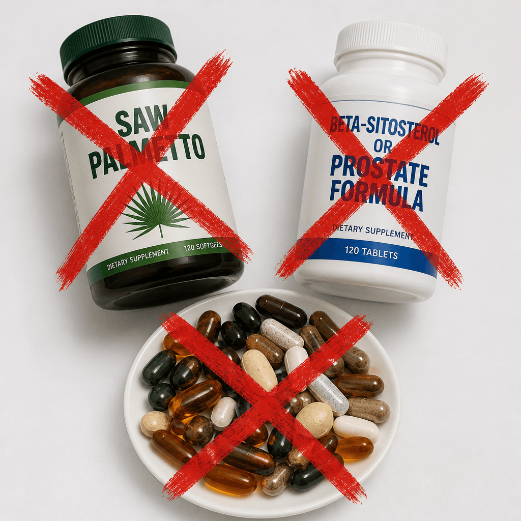 Beets on a plate, pills, and a supplement bottle with red X marks over pills and bottle.