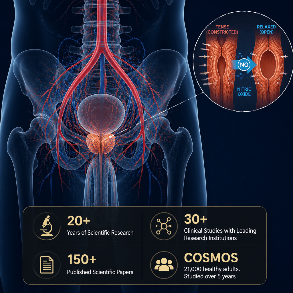 Illustration of human circulatory system with research statistics overlay.