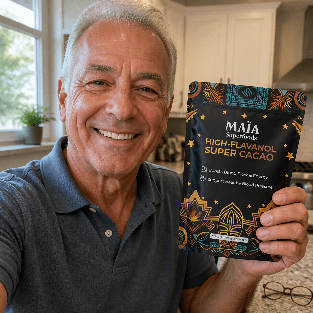 Man holding a bag of MAIA ceremonial cacao, smiling indoors.