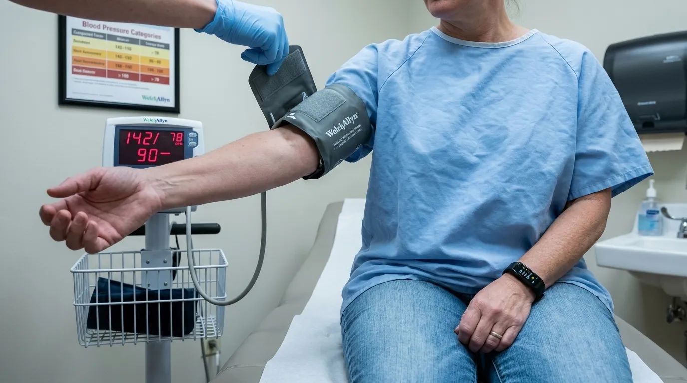 A woman at her annual physical with her doctor checking blood pressure