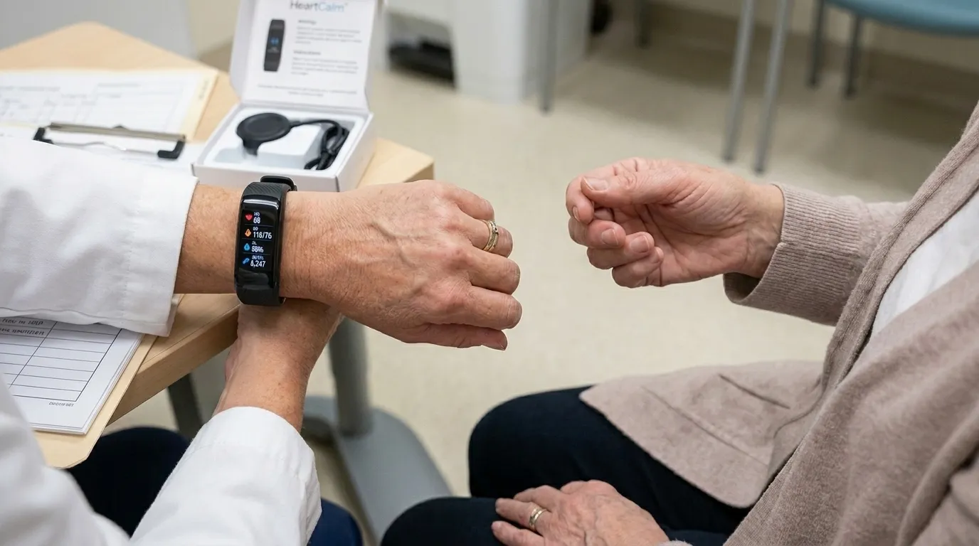 Cardiac rehabilitation nurse explaining wrist tracker to patient in clinic