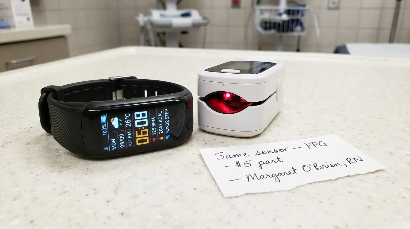 HeartCalm wrist tracker showing four numbers on screen — heart rate, BP, oxygen, steps