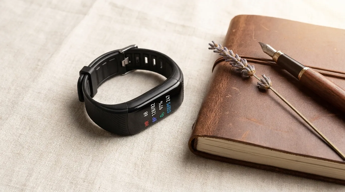 HeartCalm wrist tracker on a woman's wrist in soft natural light