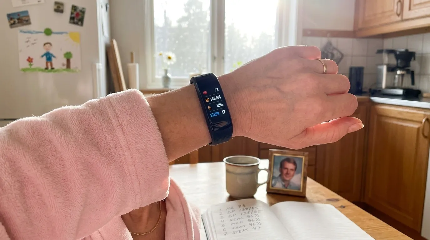 HeartCalm wrist tracker on a woman's wrist in soft natural light