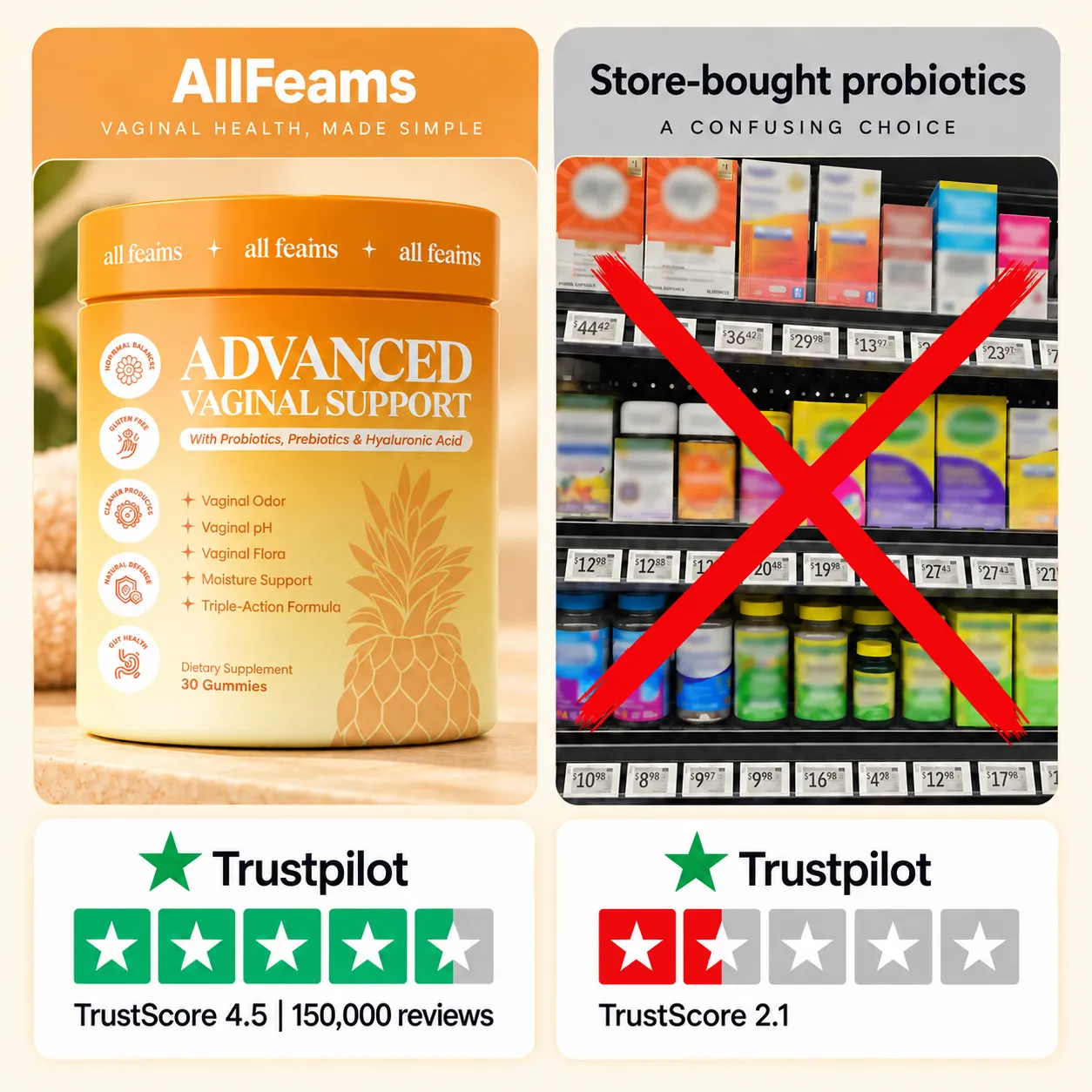 The real AllFeams Advanced Vaginal Support Gummies next to other feminine balance gummies