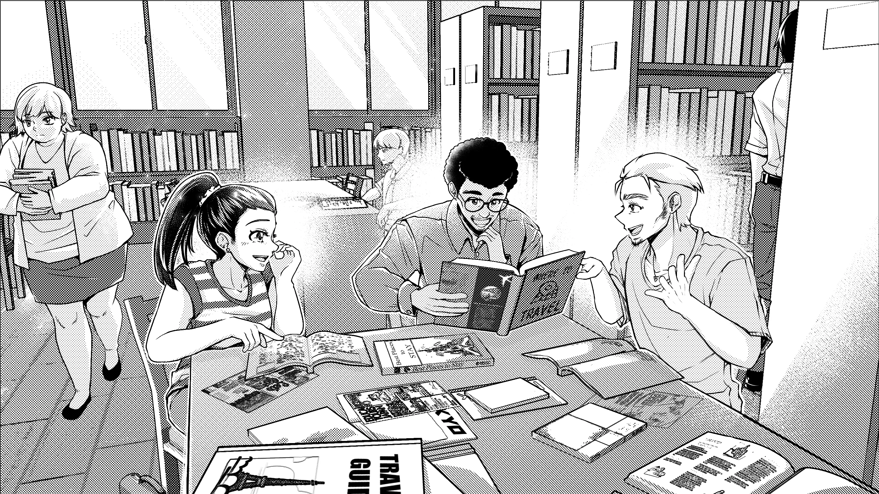 Story illustration from El Hombre Del Sombrero with audio player, manga-style characters in a Spanish library