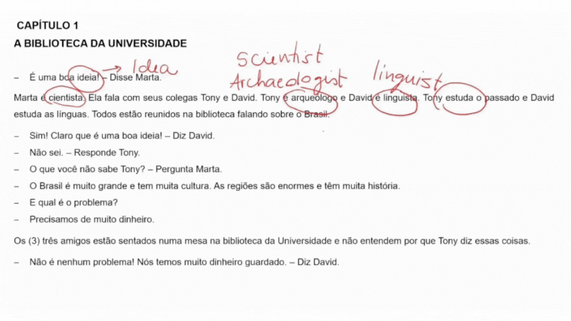 Cognates lesson showing 'ideia', 'cientista', and 'cultura', Portuguese words you already know from English