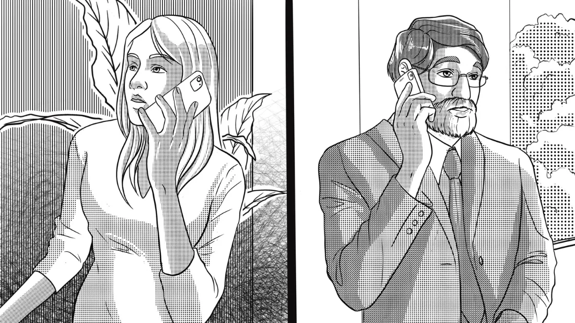 Story illustration from Karla Og Det Falske Maleri with audio player, a Copenhagen teacher answering a phone call from his friend Karla